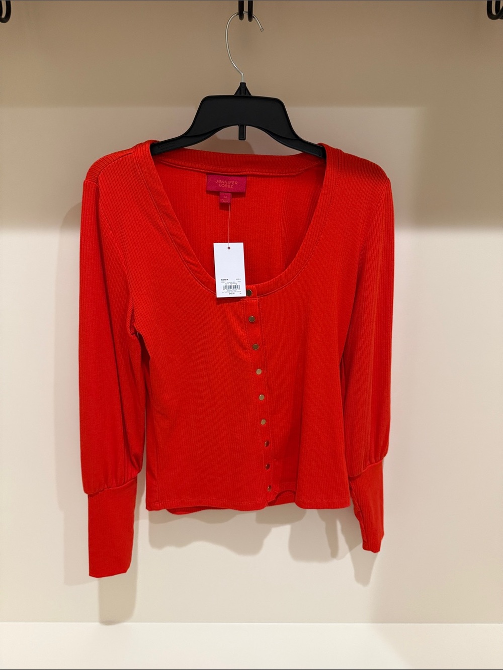 Jennifer Lopez Red Ribbed Scoop-Neck Button Long Sleeve Top